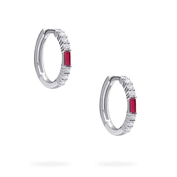 White Gold Ruby and Diamond Hoop Earrings